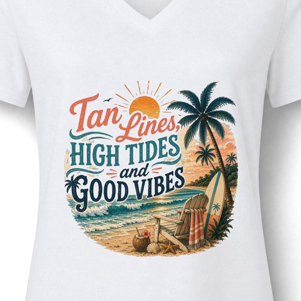 Women's V-Neck Tee — "Tan Lines, High Tides and Good Vibes" Beach Graphic