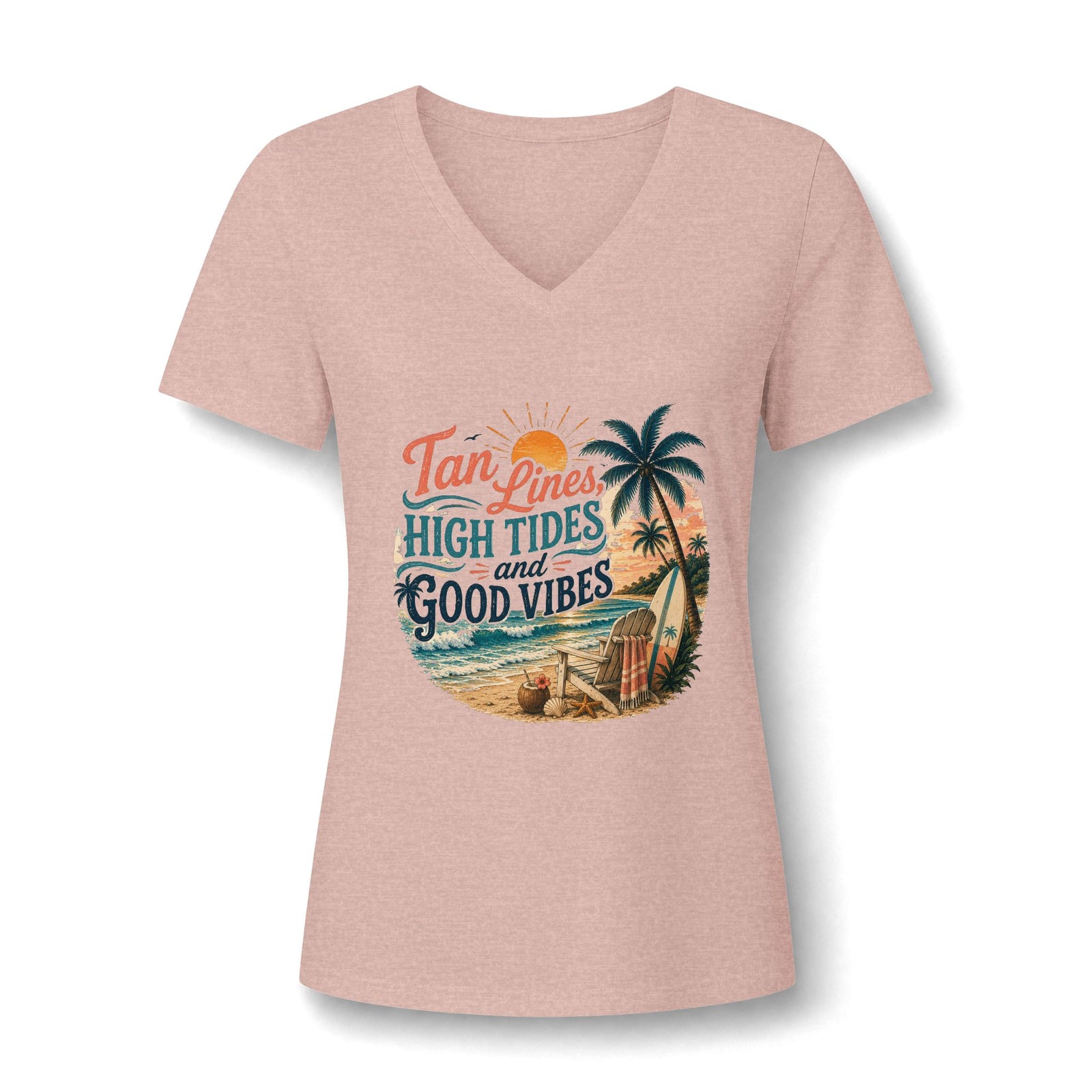 Women's V-Neck Tee — "Tan Lines, High Tides and Good Vibes" Beach Graphic