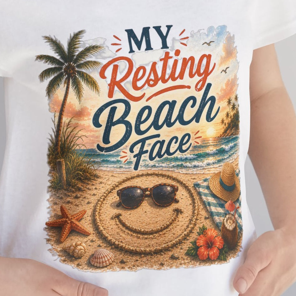 Beach T-Shirt — "My Resting Beach Face" Retro Palm Sunset Tee