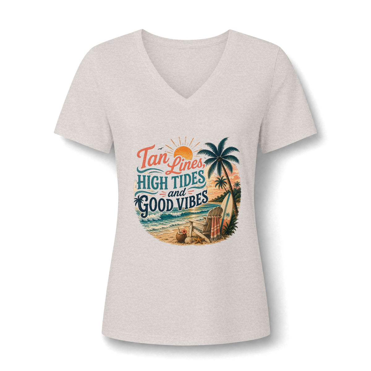 Women's V-Neck Tee — "Tan Lines, High Tides and Good Vibes" Beach Graphic