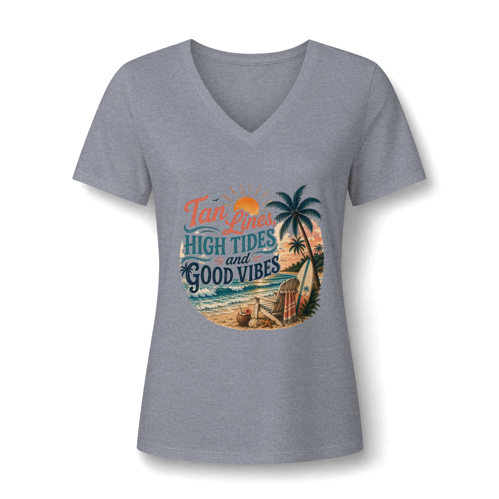Women's V-Neck Tee — "Tan Lines, High Tides and Good Vibes" Beach Graphic